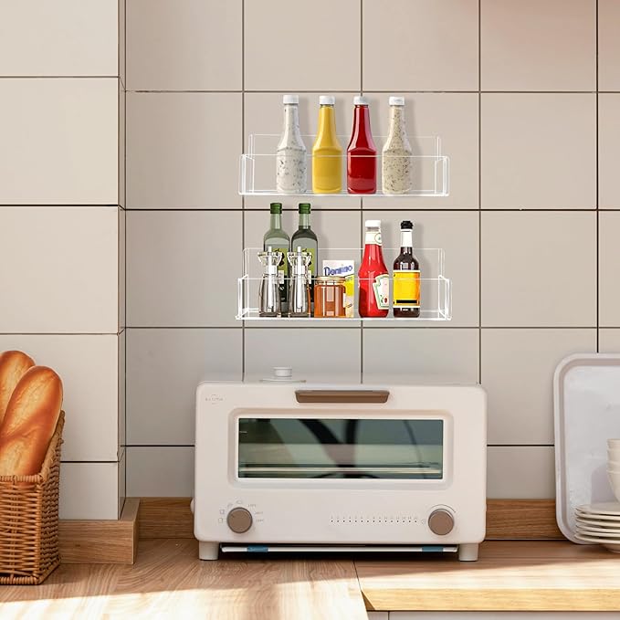 Acrylic Spice Rack Wall Mount-9 Inch, Clear Spice Shelf Storage Holder, 2 Pack Hanging Seasoning Rack Organizer for Cabinet Door, Cupboard or Wall Kitchen (Adhesive or Screw)