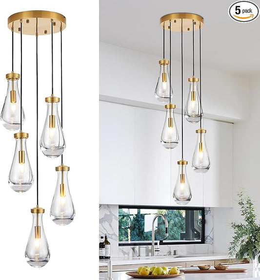 5-Light Raindrop Pendant Light Fixtures, Brass Glass Pendant Lighting, Teardrops Modern Hanging Light for Entryway Foyer Kitchen Island Dining Living Room Hallway