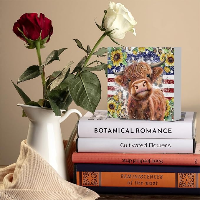 Cute Highland Cow Patriotic Baby Decor, Highland Cow Sunflower Decor, Wooden Box Decor Sign for Home Farmhouse Office Living Room Table Shelf