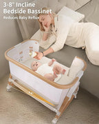 4 in 1 Baby Bassinet, Bassinets Bedside Sleeper with Wheels and Storage Basket, Adjustable 7 Heights Bedside Sleeper with Mosquito Net, Breathable Mesh Rocking Bassinet for Baby