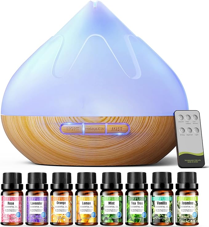 Aroma Diffuser with Essential Oils Set, 500 ML Essential Oil Diffuser with Remote Control, Humidifier with 14 Color Lights for Large Room, 4 Timer Setting, Auto Shut-Off