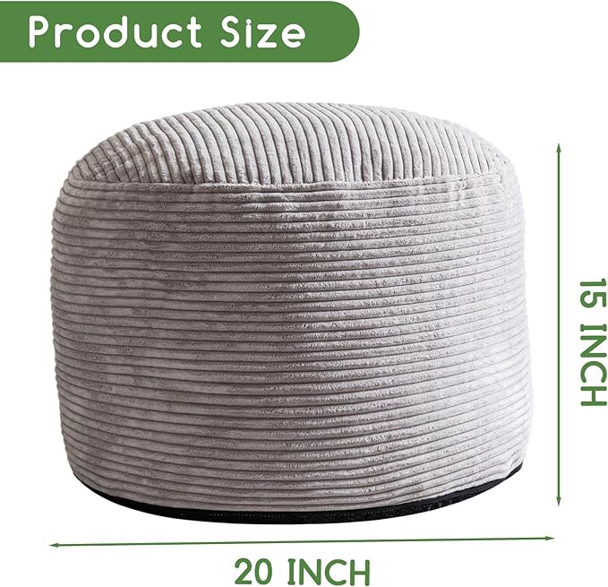 HIGOGOGO Round Stuffed Pouf Ottoman, Corduroy Poufs with Foam Chunk Filling, Furry and Fluffy Pouf Foot Stool Storage Ottoman, 20 X 15 Floor Poufs Foot Rest for Living Room, Grey
