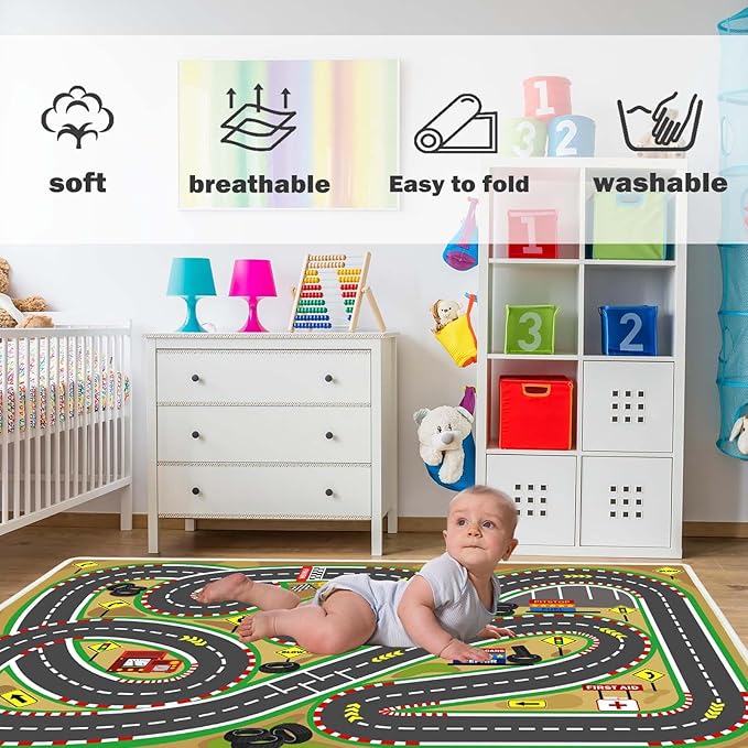 Kids Rug Play mat Playroom Rugs Car Rugs for Kids Toy Cars Race Track for Classroom Rug (Race-Brown, 4x6ft)