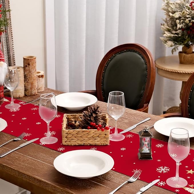 GEEORY Christmas Table Runner 13x72 Inch, Xmas Trees Snowflakes Winter Holiday Decorative Farmhouse Table Decorations for Kitchen Dinning, Indoor Outdoor Dinner Party Decor (Red) GT150-72
