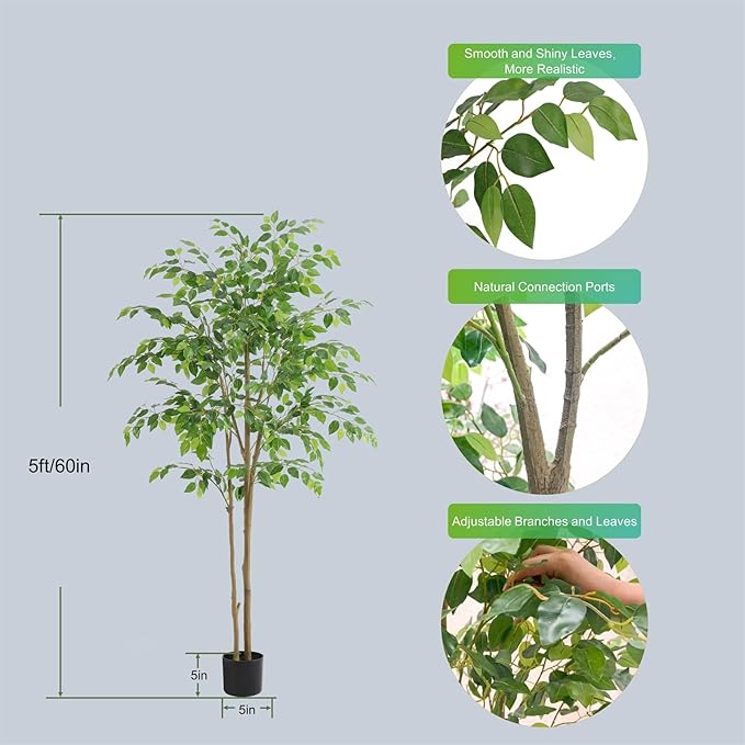 Tall UV Resistant Ficus Tree Artificial，5ft(60in) Faux Ficus Tree with Realistic Smooth and Shiny Leaves， Fake Trees Indoor Outdoor for Home Office Living Room Bedroom Foyer Porch Decor.
