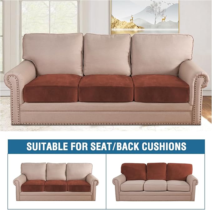 H.VERSAILTEX Velvet Stretch Couch Cushion Cover Plush Cushion Slipcover for Chair Loveseat Sofa Cushion Furniture Protector Seat Cushion Sofa Cover (3 Piece Sofa Cushion Covers, Rust)