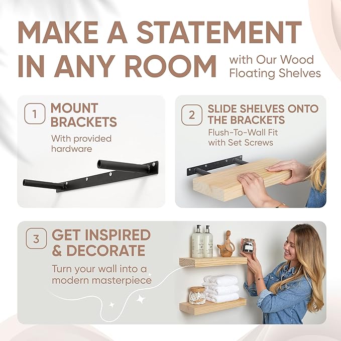 Homeforia 18 inch Natural Floating Shelf, High End Solid Real Wood 18inch Small Floating Shelves for Wall Mounted, Natural Wooden Floating Shelves, Heavy Duty Bracket, 18 X 6.5 X 1.75 in, Set of 4