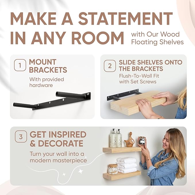 Homeforia Wood Floating Shelf 16 inch, High End Solid Natural Wood 16inch Floating Shelves for Wall Mounted, Unfinished Wooden Small Floating Shelves, Heavy Duty Bracket, 16 X 6.5 X 1.75 in, Set of 3