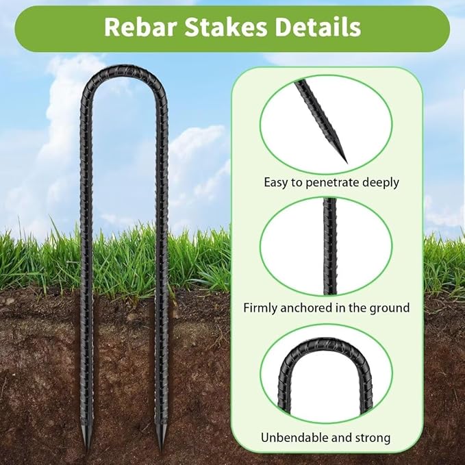 Rebar-Stakes-12-Inch, Ground Stakes Heavy Duty U-Hook Black Coated Anti-Rust Heavy Duty Ground Anchors for Garden Dog Fence Chicken Coop Christmas Decorations Deer Fence 4pcs