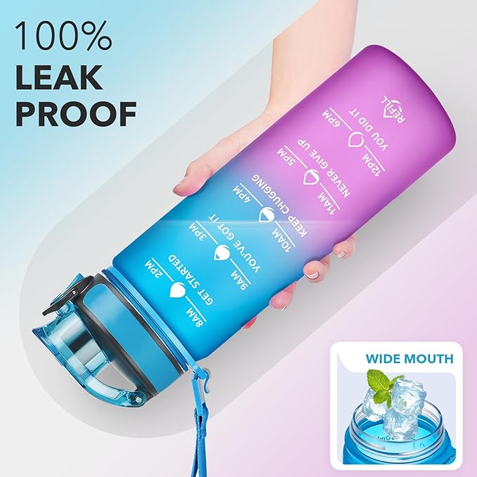 Enerbone Water Bottle, Leakproof BPA & Toxic Free, Motivational Water Bottle with Times to Drink and Straw, Fitness Sports Water Bottle with Strap for Office, Gym, Outdoor Sports