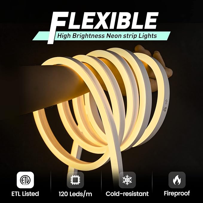 GZBtech Flexible LED Neon Rope Lights 82FT,AC 110-120V Waterproof Strip Light, 120 LEDs/M Cuttable Connectable Neon Lighting for Indoor Outdoor Home Decor/Commercial Building Use-Warm White 25M