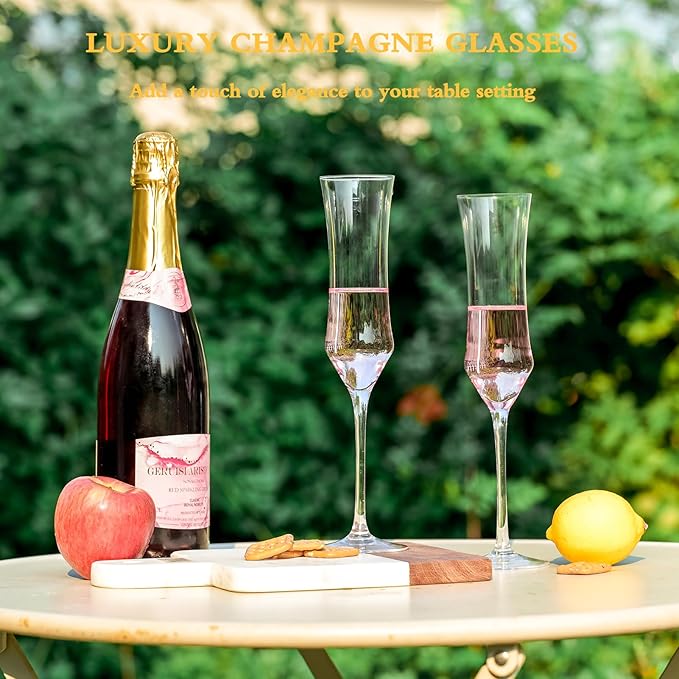 Champagne Flutes Set of 6 - Hand Blown Crystal Champagne Glasses With Long Stem - 7 oz Elegant Sparkling Wine Stemware - Unique Gift for Birthday,Wedding,Mother's Day,Housewarming