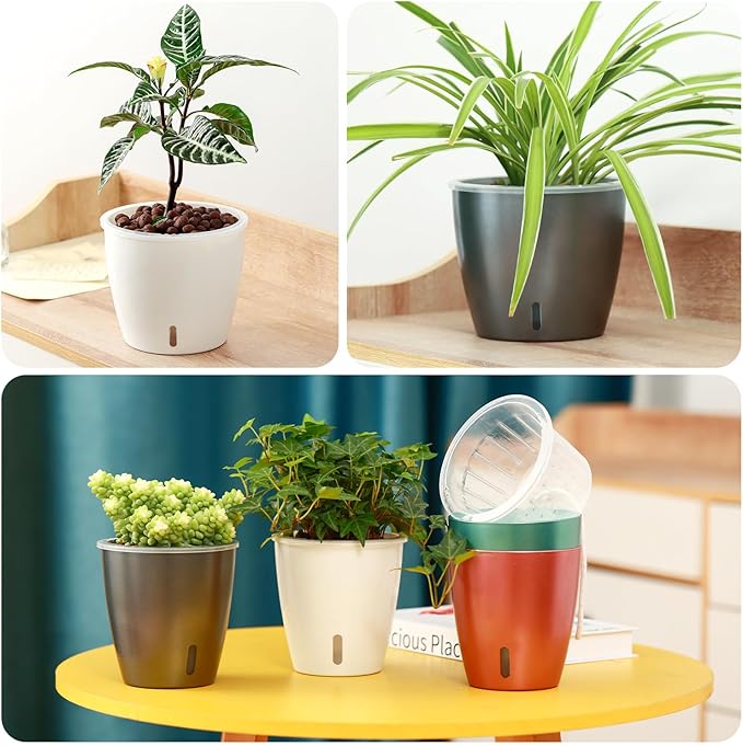 Self Watering Pots for Indoor Plants, 6-Pack 6.7'' Self Watering Planter with Drainage Holes, Small African Violet Pots with Water Indicator, Clear Wick Orchid Pot, Grey