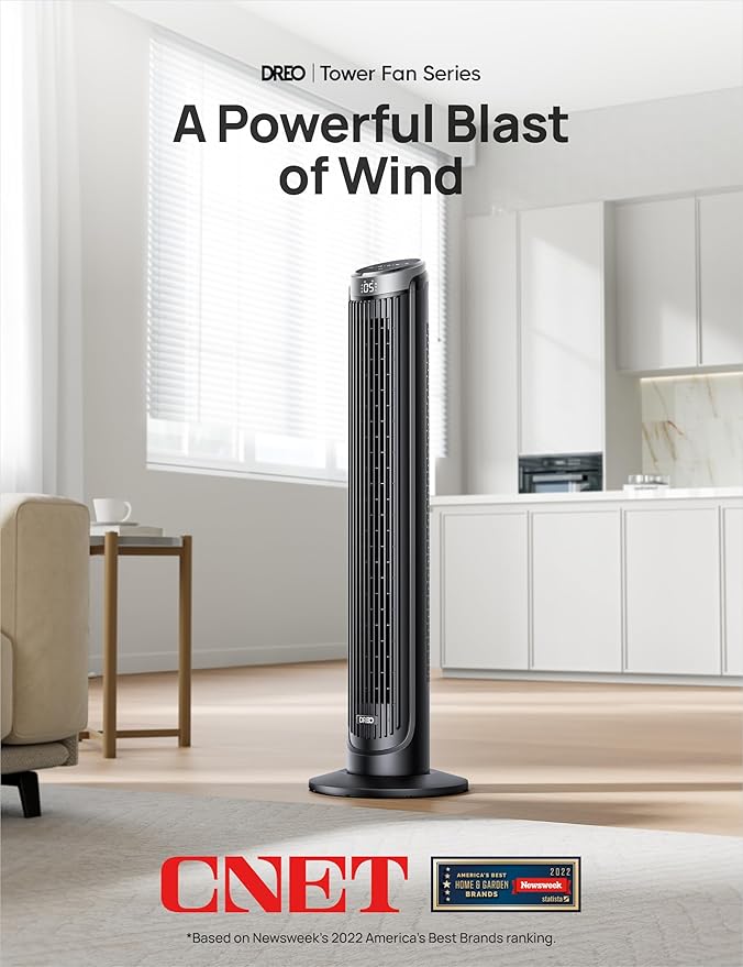Dreo Tower Fan for Bedroom, 90° Oscillating Fans that Blow Cold Air, 5 Speeds, 4 Modes with 26ft/s Velocity, 12H & 28dB Quiet Timer, Remote, Touch, 40" Standing Floor Fan for Home Office, Black