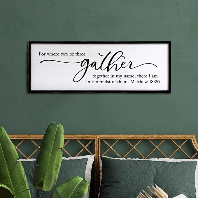 For Where Two or Three Gather in My Name, There I am in the Midst of Them Bible Verse Framed Wall Art, 40''×15'' Rustic Religious Christian Matthew 18:20 Sign, Inspirational Catholic Scripture Decor