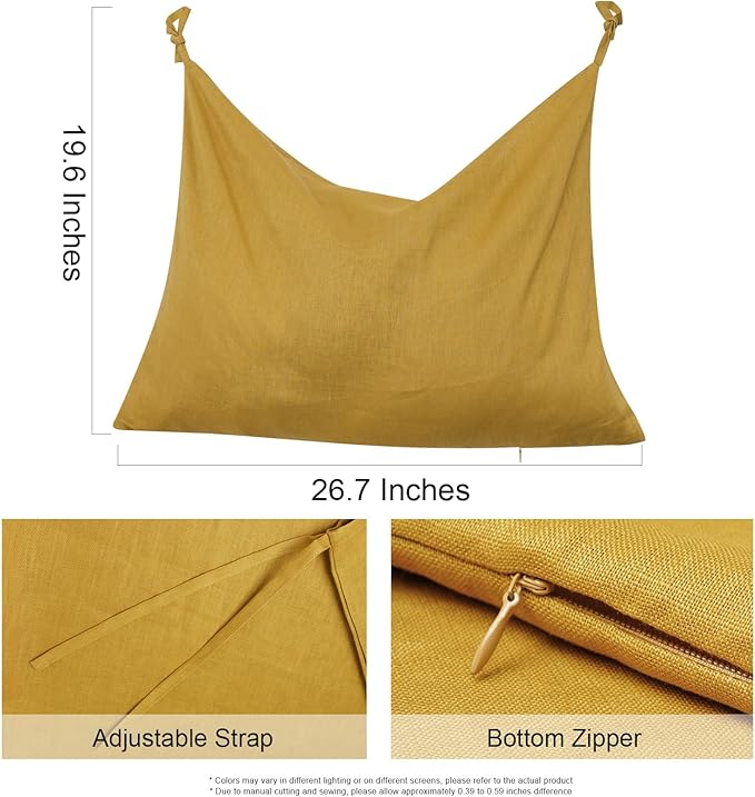 Hanging Linen Laundry Bag, 100% Pure Flax Linen Over The Door Hamper with Bottom Zipper for Laundry Room, Household Dirty Cloth Storage Organizer Bag, Turmeric