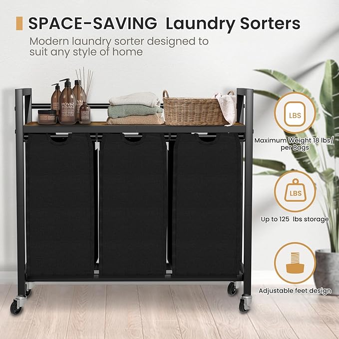 Laundry Hamper, Laundry Basket, Laundry Sorter with 3 Removable Bags, Clothes Basket with 3 Compartments, Wheels, Shelf for Laundry Room Bathroom Bedroom (3 Bags-Black)