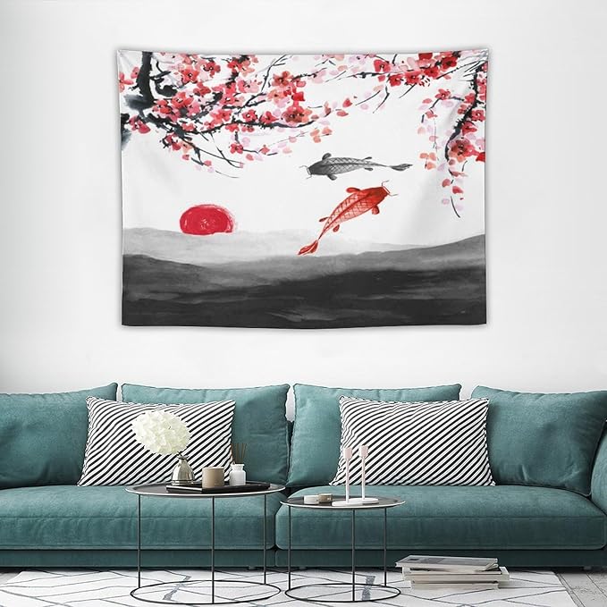 Japanese Koi Fish Tapestries, Cherry Blossoms Asian Oriental Flower Branch Koi Fish Carp Tapestry Wall Hanging for Bedroom Living Room Office Decor 40"x30"