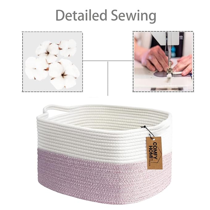 COMFY-HOMI Cotton Rope Woven Medium Basket with Handles for shelf，Cloth Storage Basket for Organizing-13.5X11X9.5 Storage Bin for Bedroom, Newborn or Infant Gift for boy girl （White/Pink）