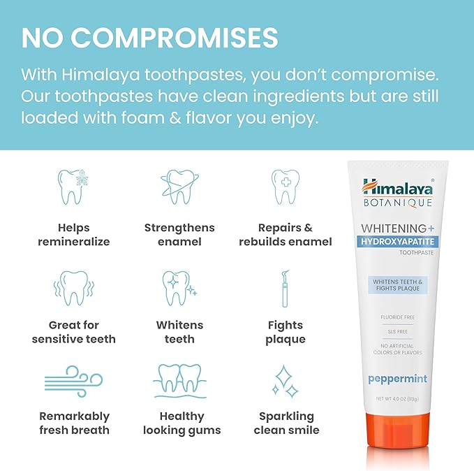Himalaya Botanique Whitening + Hydroxyapatite Toothpaste, Peppermint - Nano Hydroxyapatite to Support Remineralization and Restore Enamel, Appropriate for Sensitive Teeth - Gluten Free, 4 oz, 4 Pack