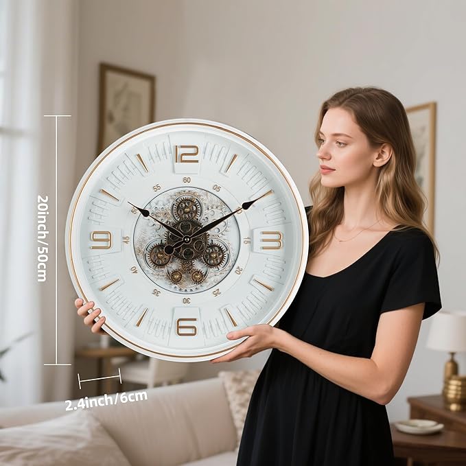 Maxstar Large Vintage Moving Gear Wall Clock, 20''Battery Operated Industrial Steampunk Metal Decor for Living Room, Office,Fireplace, Farmhouse(Arabic Number-Platinum Coating)