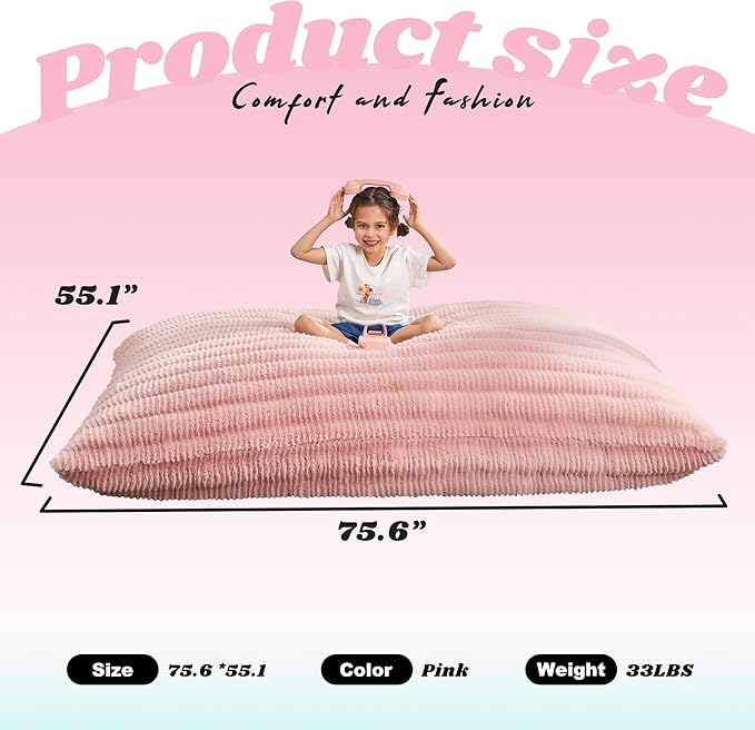 Hobestluk 3 in 1 Bean Bag Chair Giant Bean Bag Chairs for Adults with Ripple Cover Convertible Bean Bag Floor Cushion with Machine Washable Cover for Living Room (Ripple Pink)