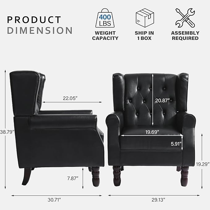 High Back Accent Chairs Set of 2,Upholstered Faux Leather Wingback Armchairs with Solid Wood Legs for Small Spaces,Comfy Single Sofa Chairs for Living Room,Bedroom-Carbon Black