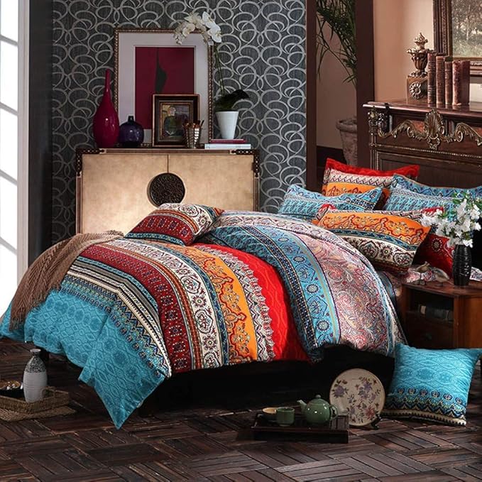 ABREEZE 3Pcs Bohemia Retro Bedding Ethnic Vintage Floral Duvet Cover Boho Bedding 100% Brushed Cotton Bedding Sets Damask Paisley Coloful Mandala Down Comforter Cover,Queen