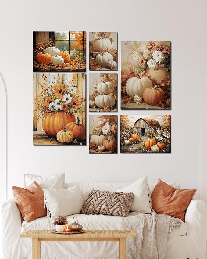 Rustic Autumn Fall Floral Pumpkin Wall Art Decor, Fall Floral Botanical Print for Thanksgiving Decorations, Autumn Wall Art Print for Farmhouse Living Room Bedroom Fall Decor, Ready to Hang