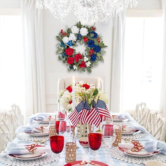 WANNA-CUL Patriotic Wreath Decorations, 24 Inch Rose 4th of July Wreaths for Front Door, Red White Blue Spring Door Wreath for Independence Day, Memorial Day for Indoor Outdoor Decor
