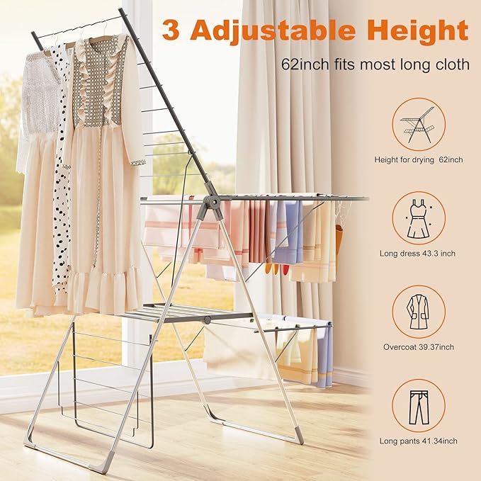 Bigzzia Clothes Drying Rack Foldable, 2-Level Large Laundry Drying Rack Collapsible, Stainless Steel Drying Rack Clothing for Indoor Outdoor, Easy to Fold, 33 Drying Rails, 142cm, Gray