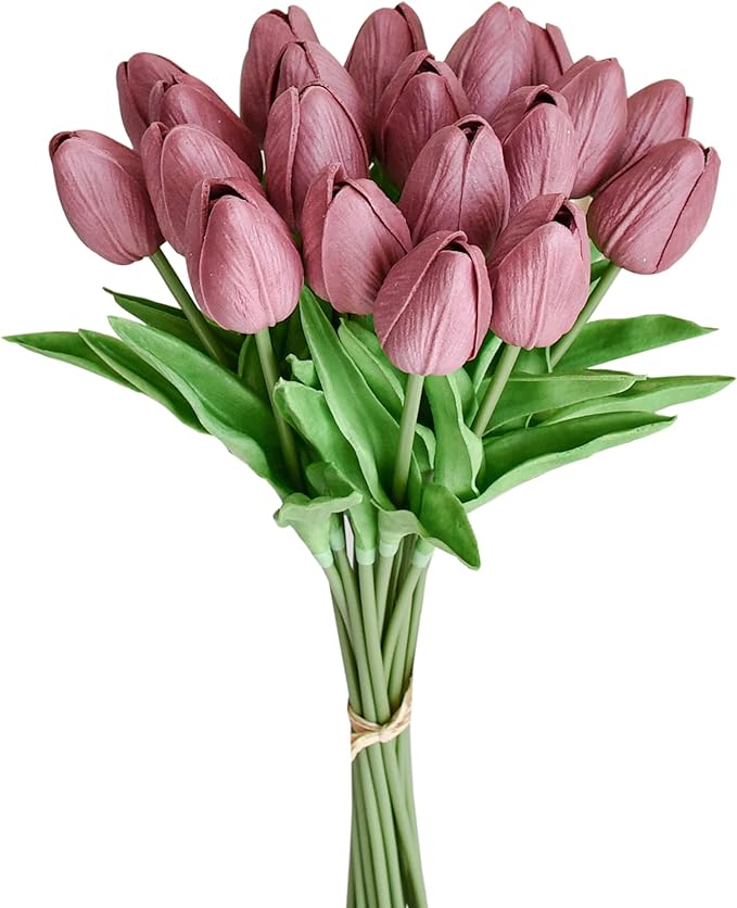 Mandy's Artificial Tulips 20 Stems Mauve PU Faux Flowers for Wedding Home Decor 13.5 Inch