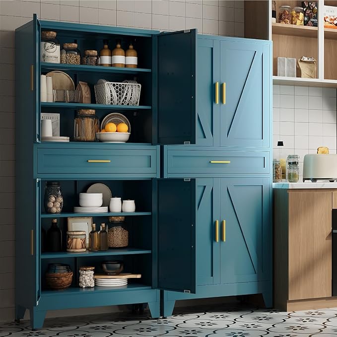 71 "Farmhouse Metal Filing Cabinet with a Drawer and 4 Adjustable Shelves, with 4 Large barn Door White Kitchen Cabinets, Metal Food Cabinets for Home, Kitchen, Dining/Living Room (Peacock Blue)