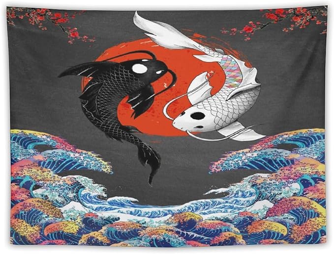 Houselerax Japanese Koi Fish Tapestries, Yin Yang Big Wave Cherry Blossom Tapestry Wall Hanging for Bedroom Living Room Office Decor 60"x40"