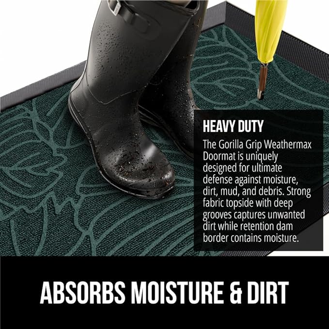 GORILLA GRIP 100% Waterproof All-Season WeatherMax Doormat US Designed Natural Rubber, Stain and Fade Resistant, Low Profile Indoor Outdoor Door Mats, Easy Clean Patio Mat, 17x29, Green Palm