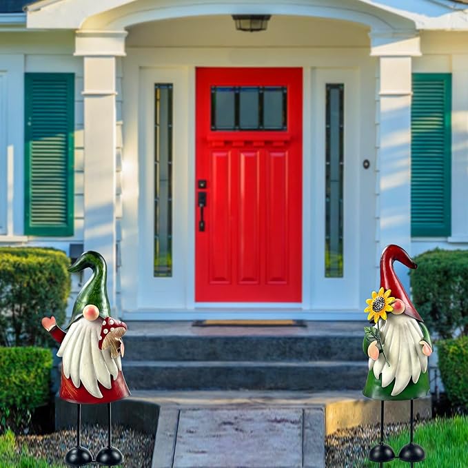 HONGLAND Metal Gnome Yard Art Outdoor Gnomes Garden Statue 18 Inch Gnome Figurine Decorative Stakes for Holiday Christmas Lawn Patio Yard Garden Decor-2 PCS
