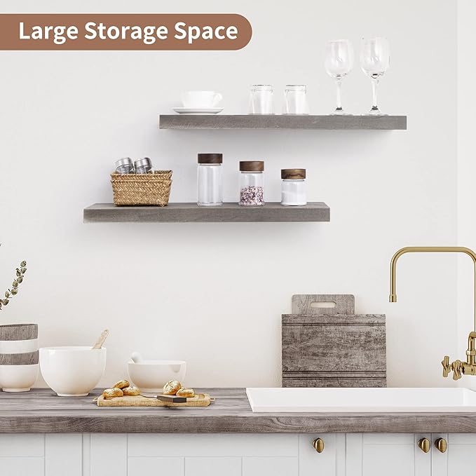 Axeman Floating Shelves for Wall, 24''W x 8'' D Rustic Solid Elm Wood Shelves for Storage, Wall Mounted Display Shelving with Invisible Heavy-Duty Metal Bracket (Grey, 2PCs)