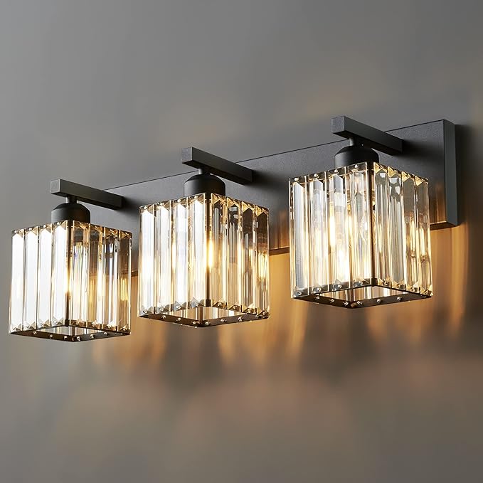 Modern Bathroom Vanity Light 3-Lights Modern Black Crystal Wall Light Bathroom Vanity Light Fixtures