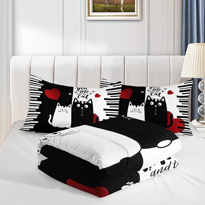 Kawaii Pet Cat Themed Comforter 3Pcs Queen Lover's Kitten Animal Bedding Set for Cat Lover Kid Teen Girl Boy Black White Cat Heart Pattern Quilt Bed Decor with 1 Comforter and 2 Pillowcases