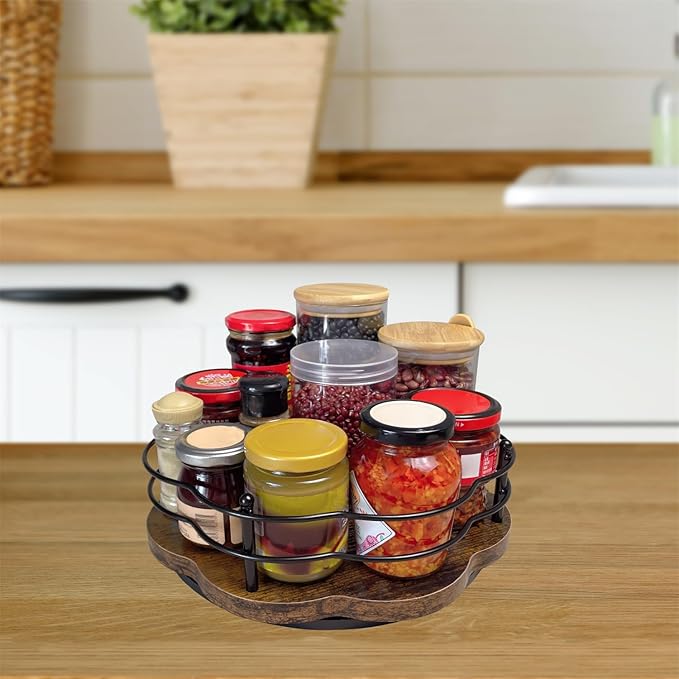 Lazy Susan Turntable Organizer with Higher Metal Sides, 11" Wooden Lazy Susan Spice Rack Organization and Storage for Cabinet,Kitchen,Countertop,Table Top,Dining Table,Coffee Bar Decor