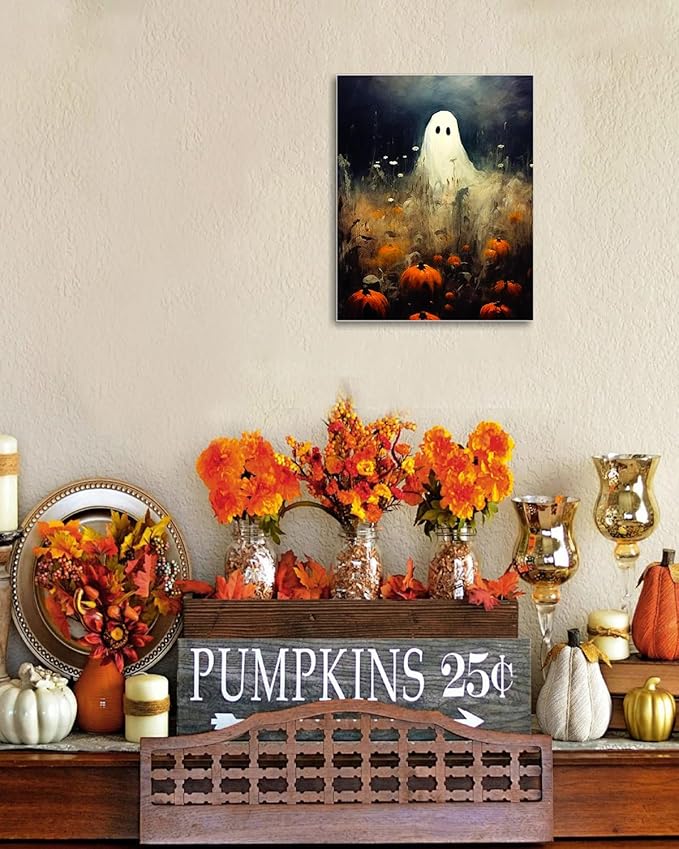 Halloween Canvas Wall Art, Spooky Ghost in Pumpkin Patch Poster, Vintage Gothic Fall Decor, Dark Academia Fall Decor for Living Room, Framed Indoor Halloween Decorations