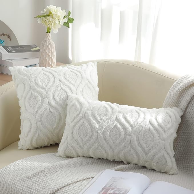 decorUhome Throw Pillow Covers 24x24 Inch Set of 2, Soft Plush Decorative Faux Fur Cream Beige Solid Couch Pillow Covers, Accent Farmhouse Neutral Square Euro Pillow Cases for Sofa Bed Living Room