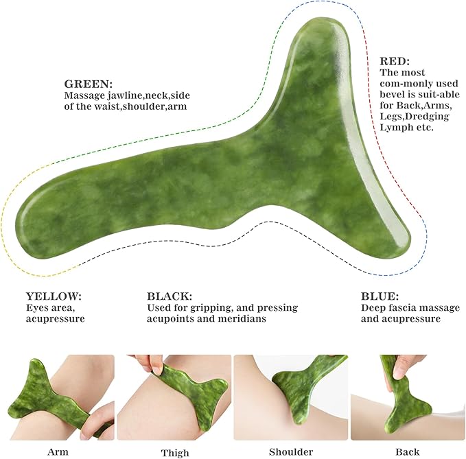 2 in 1 Jade Stone Gua Sha Massage Tool, Large Guasha Muscle Scraper Tools Set with Handle Muscle Scraping Massage Tools Anti Cellulite Spa Acupuncture Tools for Back Neck Leg Lymphatic Drainage