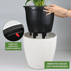 Dexceder 18x17 Inches Rattan Self Watering Planter Indoor Outdoor, Inner Pot Design, Thickened Table Flower Plant Pot with Water Level Indicator (Ivory White)