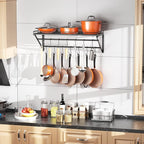 OROPY 31 Inch Wall Mounted Pot Rack Storage Shelf with 2 Tier Hanging Rails 14 S Hooks included, Ideal for Pans, Utensils, Cookware - Black