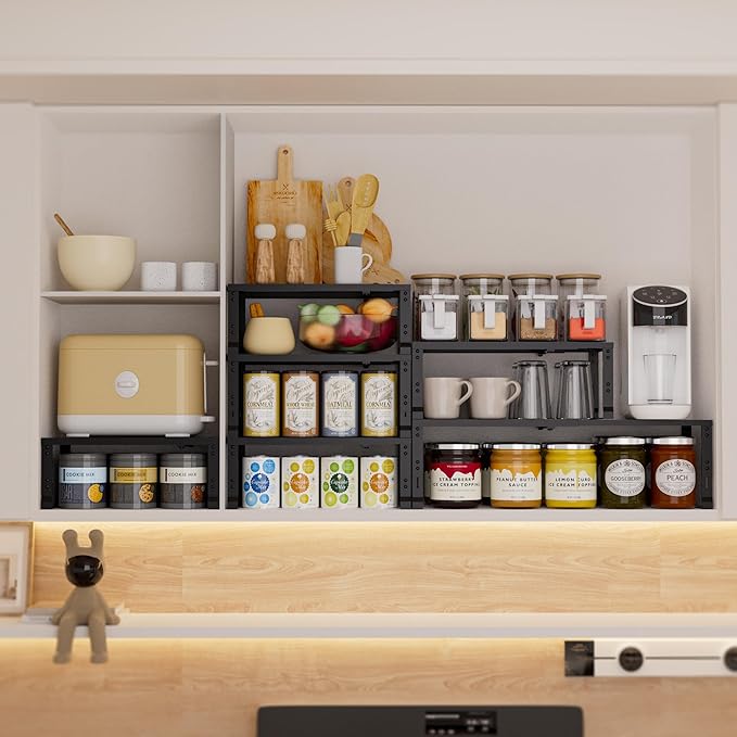 Expandable Spice Rack,Stackable Storage for Cabinet, Multi-Functional Kitchen Shelving,Height-Adjustable,Sustainable Organizer Solution(1Pack/Black/Medium)