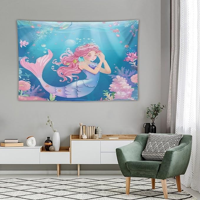 HZOHNAGO Mermaid Girls Tapestry Watercolor Flowers Mermaid Princess Blessing Pattern for Kids Room Decoration Printed Wall Tapestry Wall Hanging for Bedroom Living Room Dorm 60" W x 40" H
