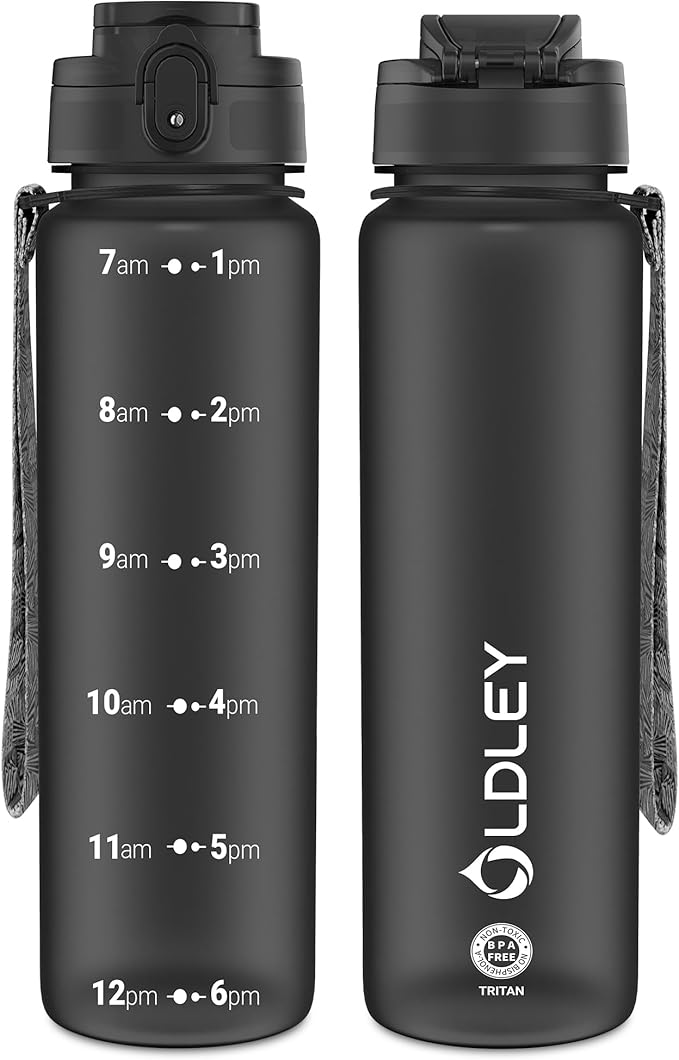 OLDLEY 32 oz Water Bottle, Motivational Water Bottle with Time Marker, Sports Water Bottle With Strap, Leakproof & BPA Free Large Water Bottles for School, Gym, Travel, Outdoor, Tritan,Black