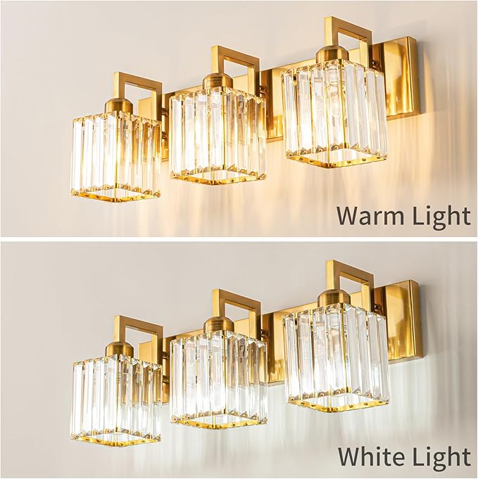 Modern Bathroom Vanity Light 3-Lights Gold Crystal Wall Lamp Bathroom Modern Crystal Vanity Lighting