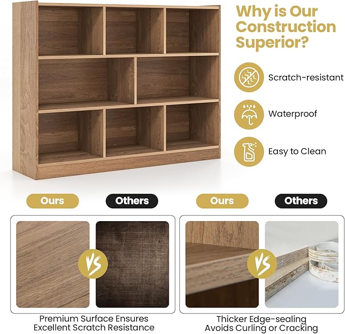 Tangkula 8-Cube Bookcase, Wood 3 Tier Open Storage Bookshelf, Modern Multipurpose Display Cabinet for Living Room, Study, Reading Nook, 48 x 12.5 x 36.5 Inch, Natural